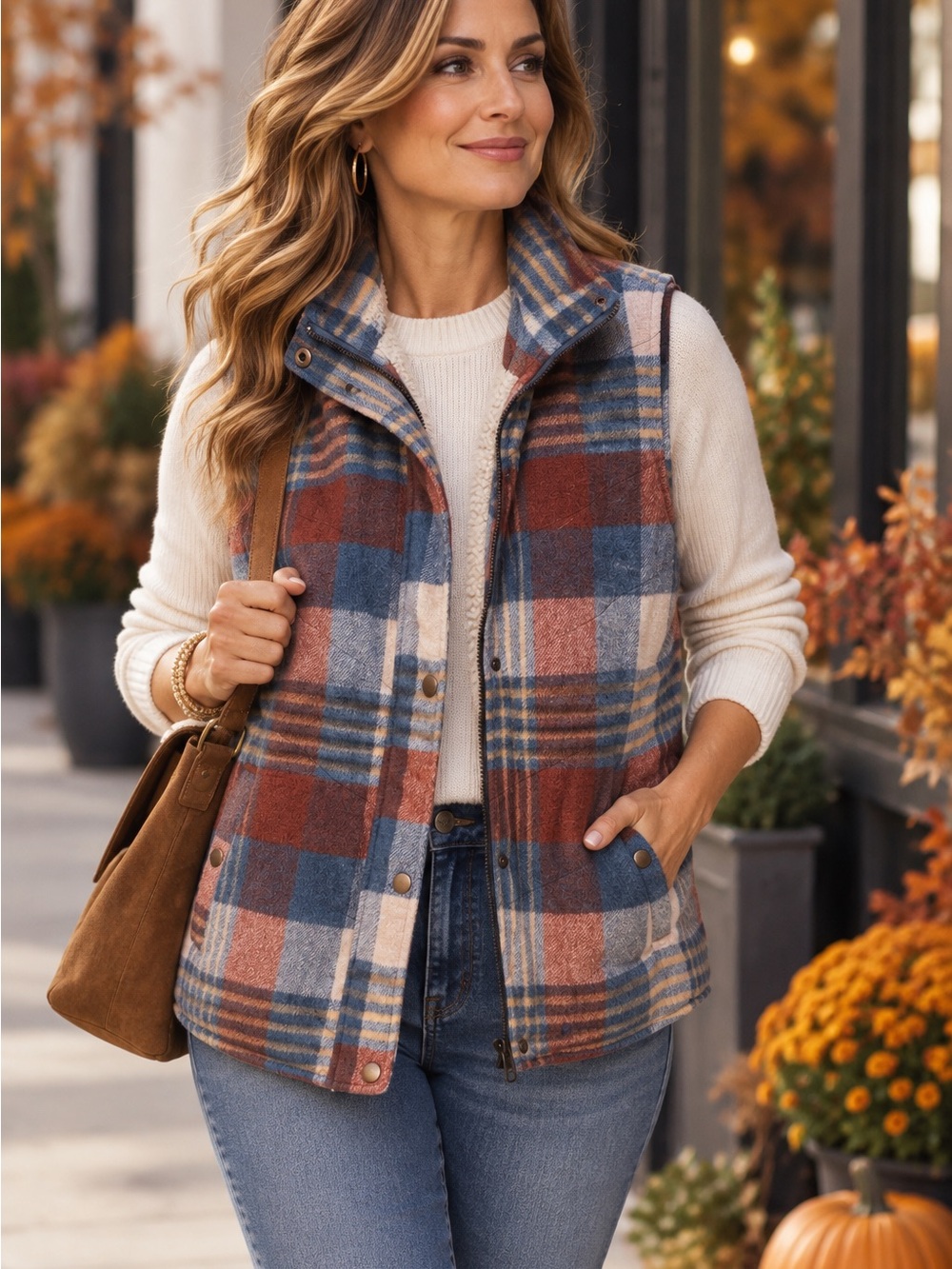 Thread & Supply Plaid Sherpa Lined Vest Medium Cozy Fall Blue Rust